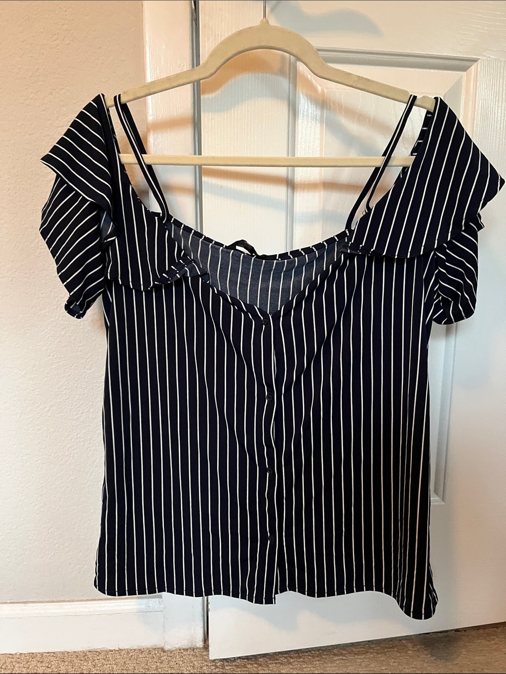 Banana Republic Black & White Striped Off-Shoulder Blouse